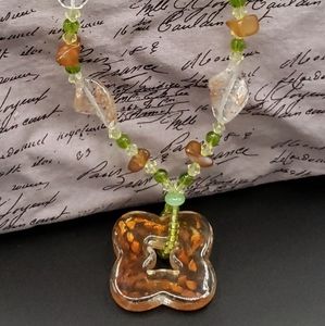 Glass beaded necklace in coppers and greens